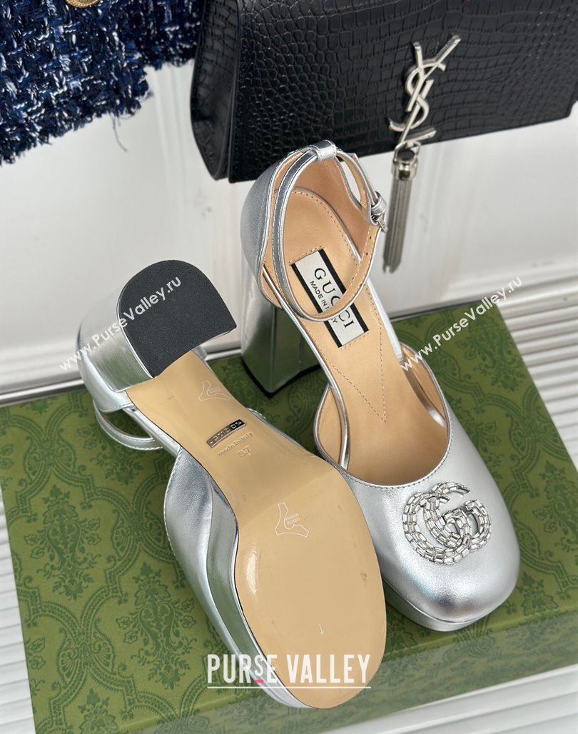 Gucci Metallic Leather Platform Pumps 11.5cm with Crystals Double G Silver 2023 762386 (MD-231106047)