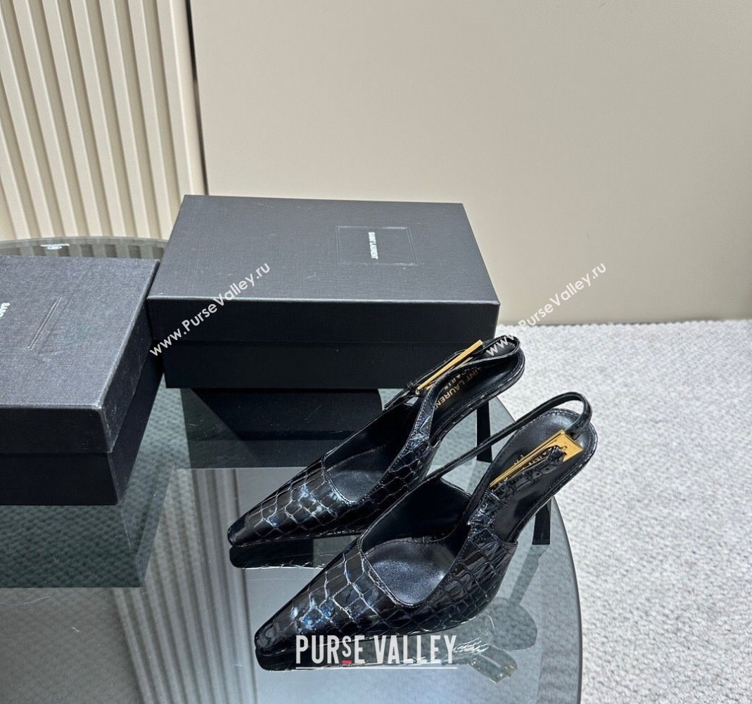 Saint Laurent Lee Slingback Pumps 10.5cm with Buckle in Crocodile Embossed Leather 2023 763421 (MD-231106060)