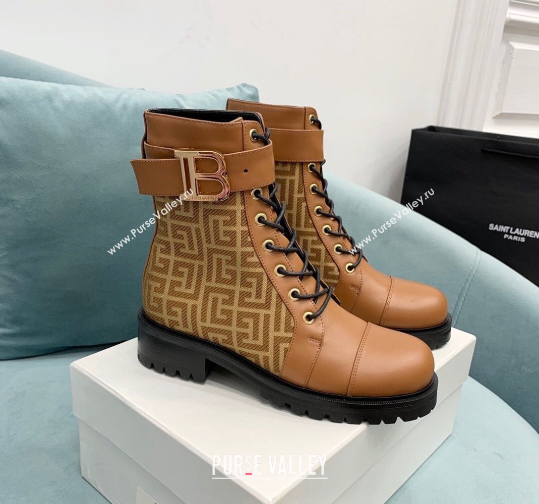 Balmain Leather and Monogram jacquard Ranger Romy ankle boots Brown 2023 (KER-231107014)