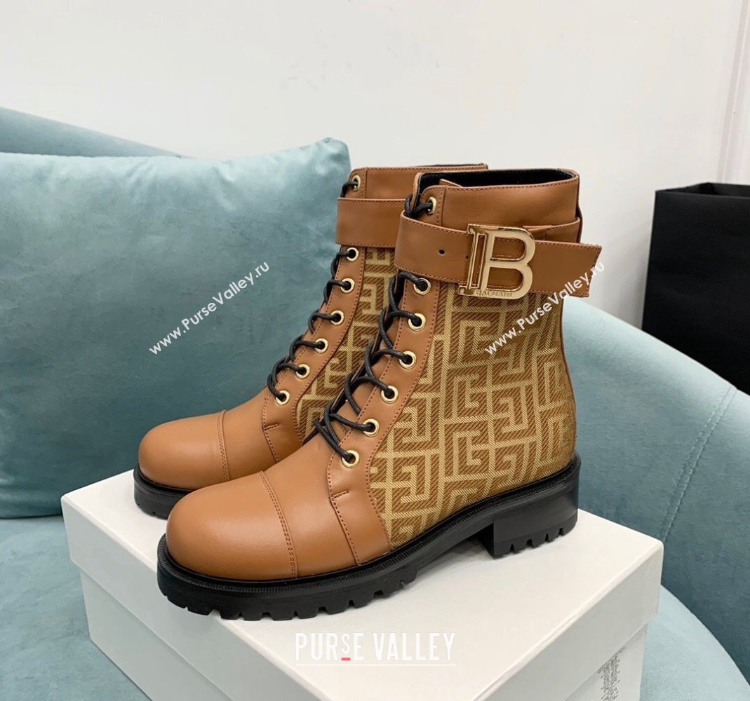 Balmain Leather and Monogram jacquard Ranger Romy ankle boots Brown 2023 (KER-231107014)