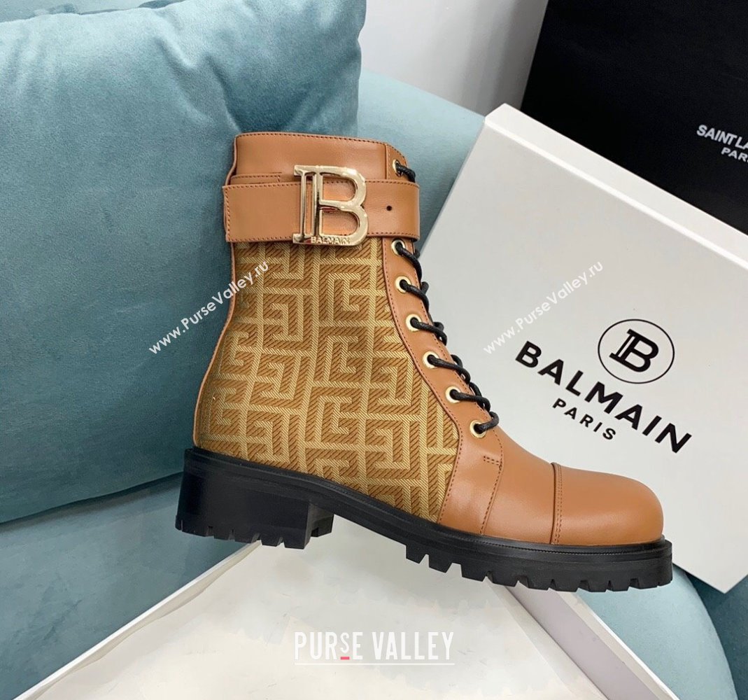 Balmain Leather and Monogram jacquard Ranger Romy ankle boots Brown 2023 (KER-231107014)