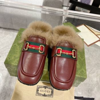 Gucci Flat Mules with Horsebit and Web in Leather and Wool Burgundy 2023 (MD-231117032)