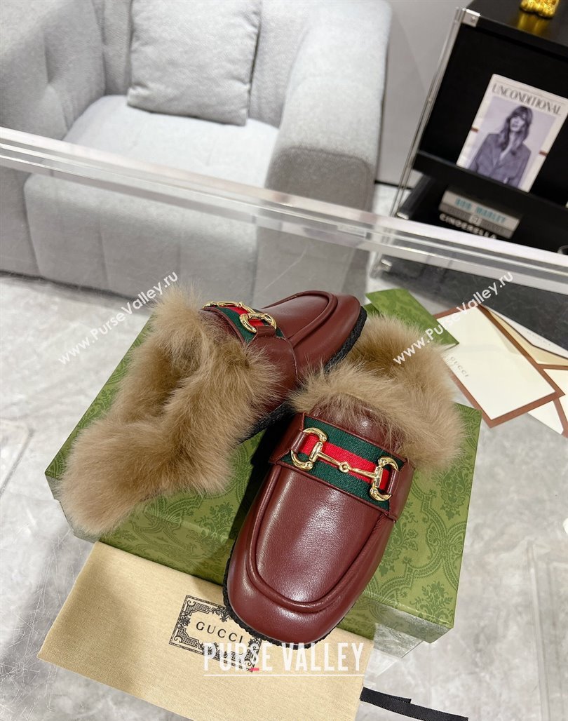 Gucci Flat Mules with Horsebit and Web in Leather and Wool Burgundy 2023 (MD-231117032)