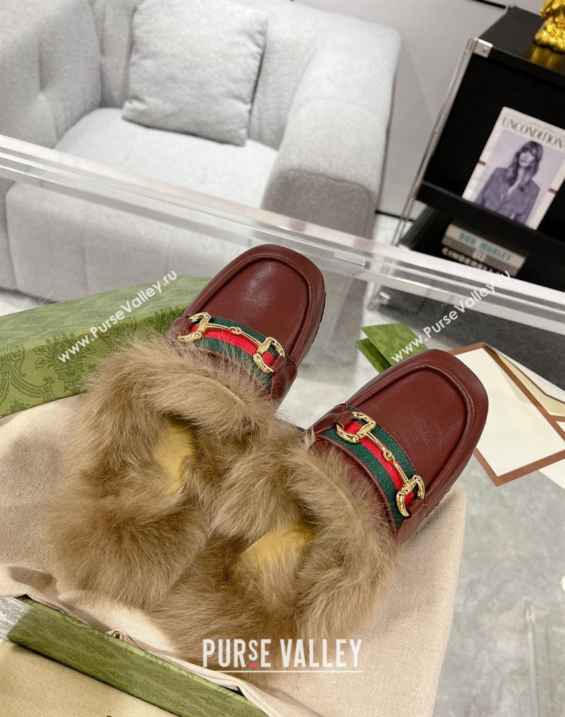 Gucci Flat Mules with Horsebit and Web in Leather and Wool Burgundy 2023 (MD-231117032)