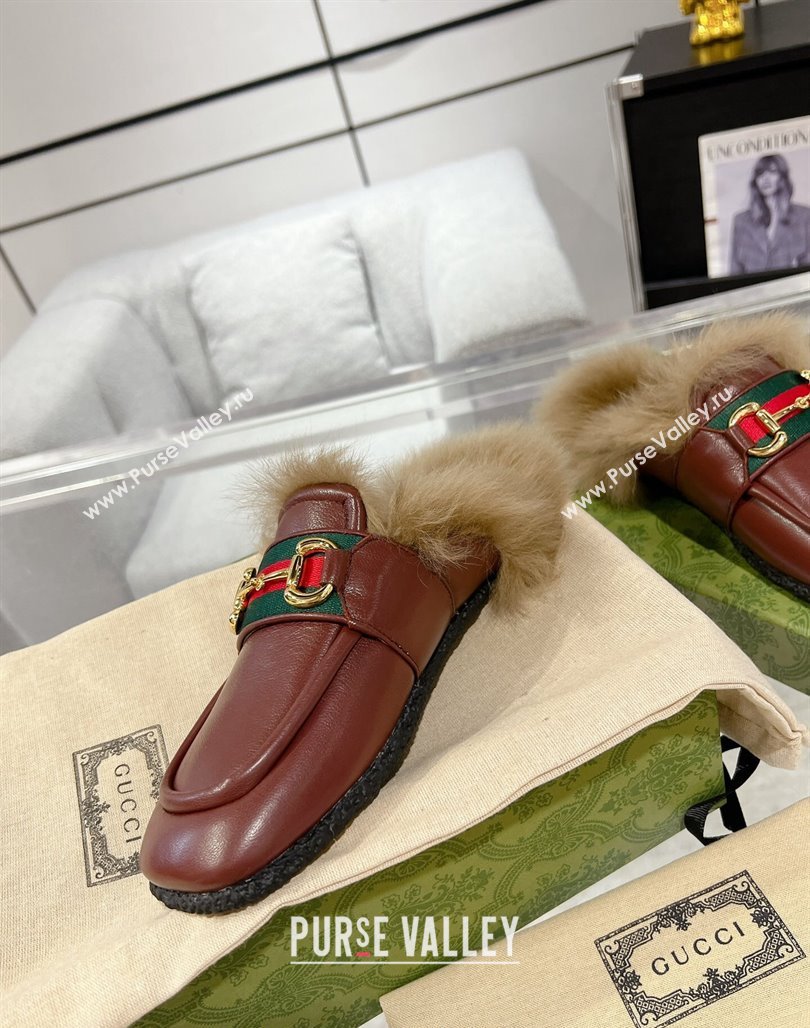 Gucci Flat Mules with Horsebit and Web in Leather and Wool Burgundy 2023 (MD-231117032)