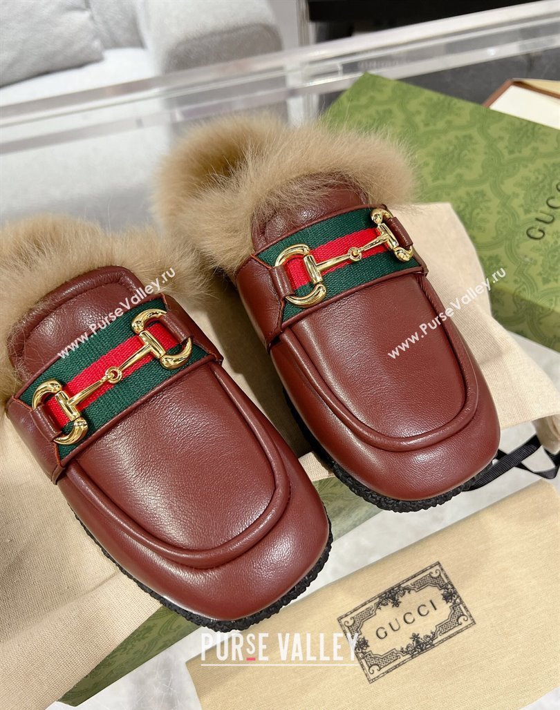 Gucci Flat Mules with Horsebit and Web in Leather and Wool Burgundy 2023 (MD-231117032)