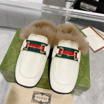 Gucci Flat Mules with Horsebit and Web in Leather and Wool White 2023 (MD-231117033)