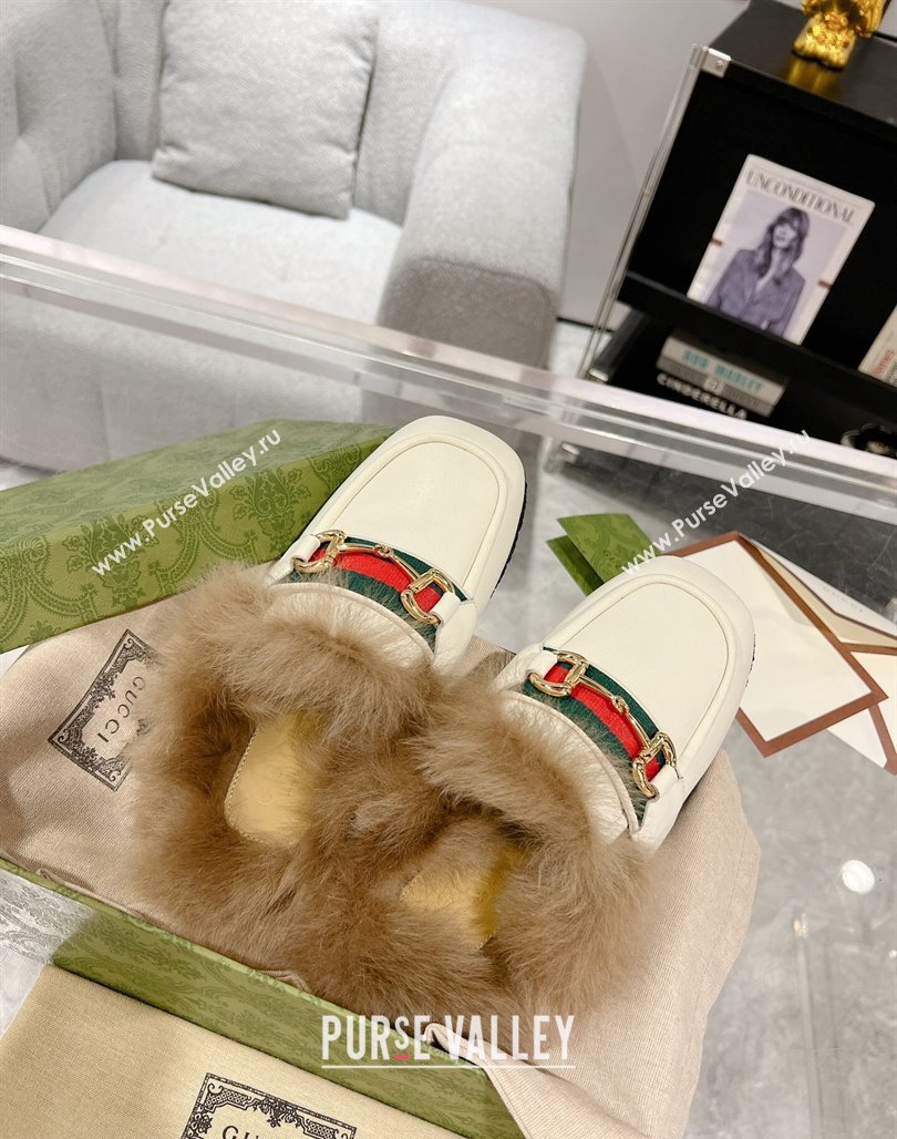 Gucci Flat Mules with Horsebit and Web in Leather and Wool White 2023 (MD-231117033)