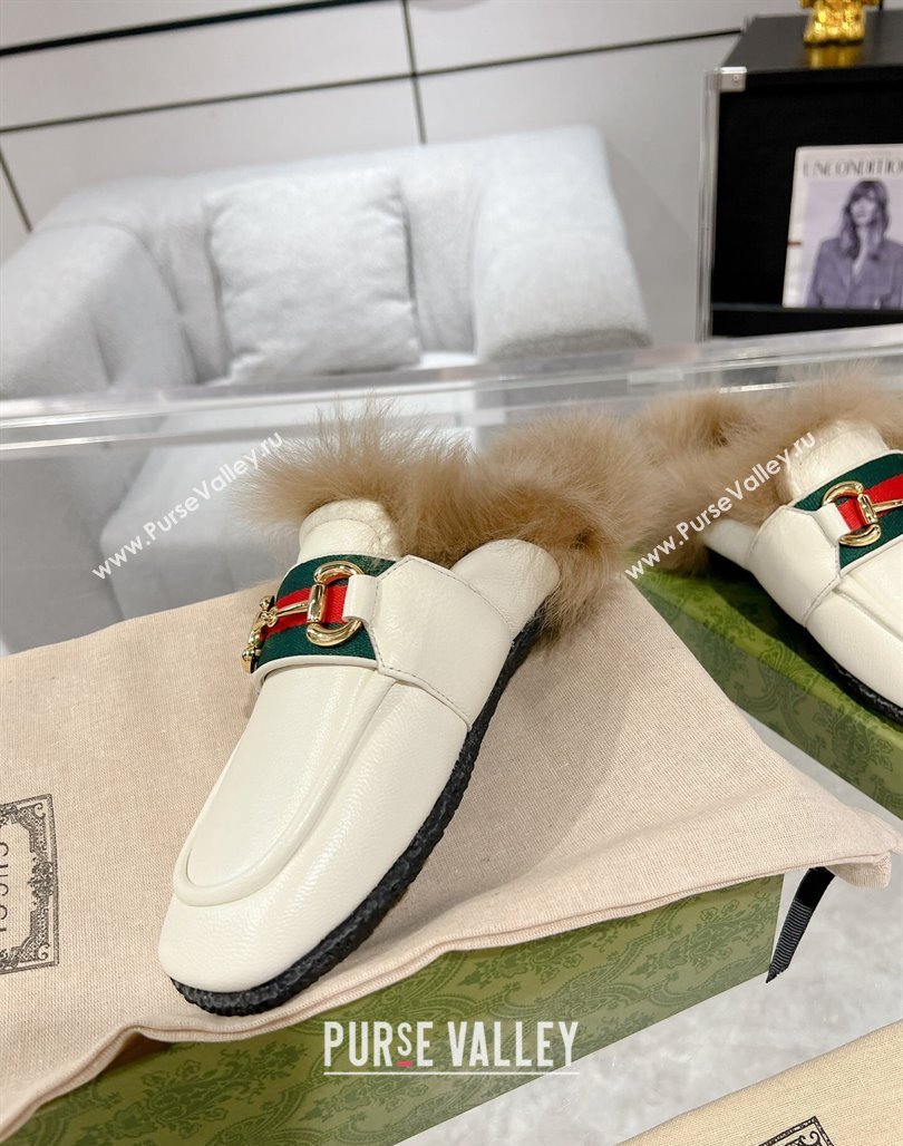 Gucci Flat Mules with Horsebit and Web in Leather and Wool White 2023 (MD-231117033)