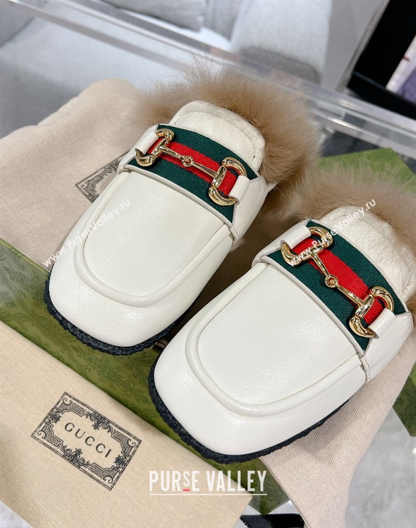 Gucci Flat Mules with Horsebit and Web in Leather and Wool White 2023 (MD-231117033)