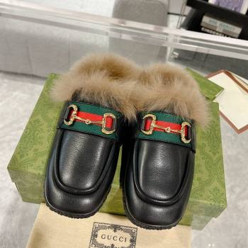 Gucci Flat Mules with Horsebit and Web in Leather and Wool Black 2023 (MD-231117034)