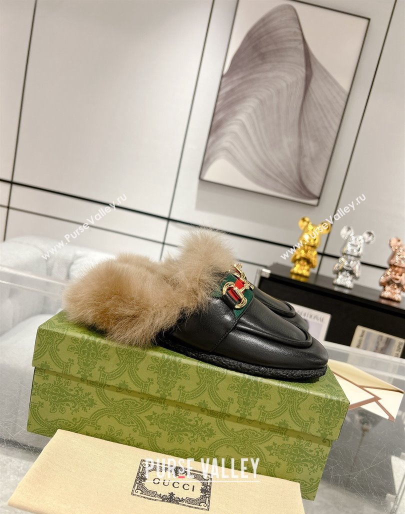 Gucci Flat Mules with Horsebit and Web in Leather and Wool Black 2023 (MD-231117034)