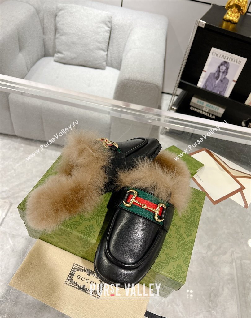 Gucci Flat Mules with Horsebit and Web in Leather and Wool Black 2023 (MD-231117034)