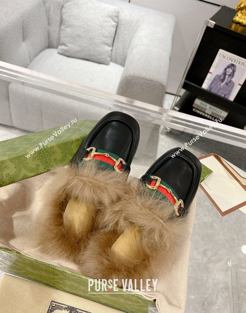 Gucci Flat Mules with Horsebit and Web in Leather and Wool Black 2023 (MD-231117034)