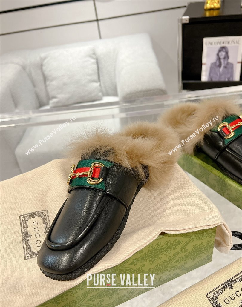 Gucci Flat Mules with Horsebit and Web in Leather and Wool Black 2023 (MD-231117034)