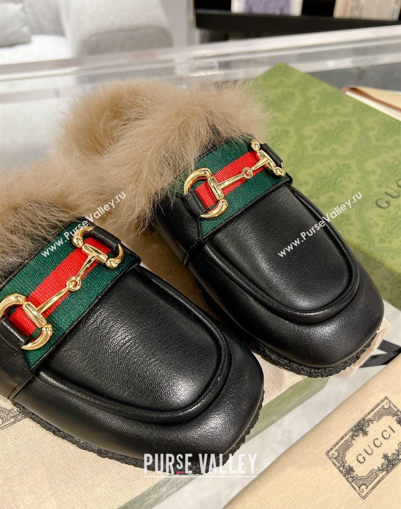 Gucci Flat Mules with Horsebit and Web in Leather and Wool Black 2023 (MD-231117034)