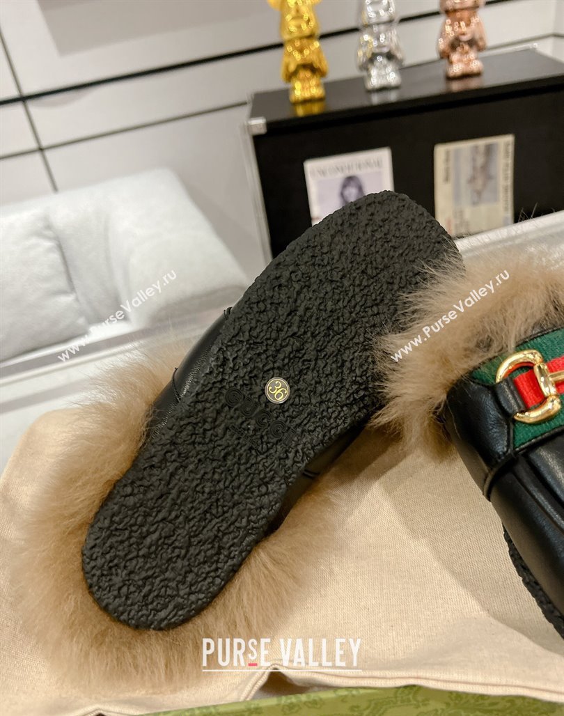 Gucci Flat Mules with Horsebit and Web in Leather and Wool Black 2023 (MD-231117034)