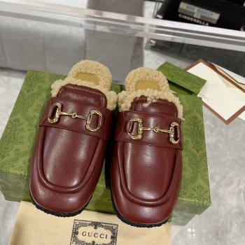 Gucci Flat Mules with Horsebit in Leather and Shearling Burgundy 2023 (MD-231117031)