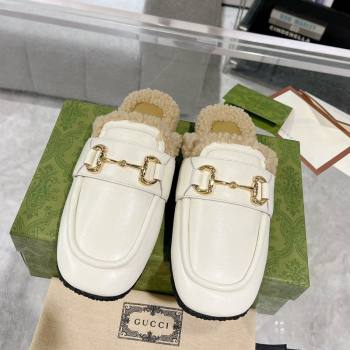 Gucci Flat Mules with Horsebit in Leather and Shearling White 2023 (MD-231117035)