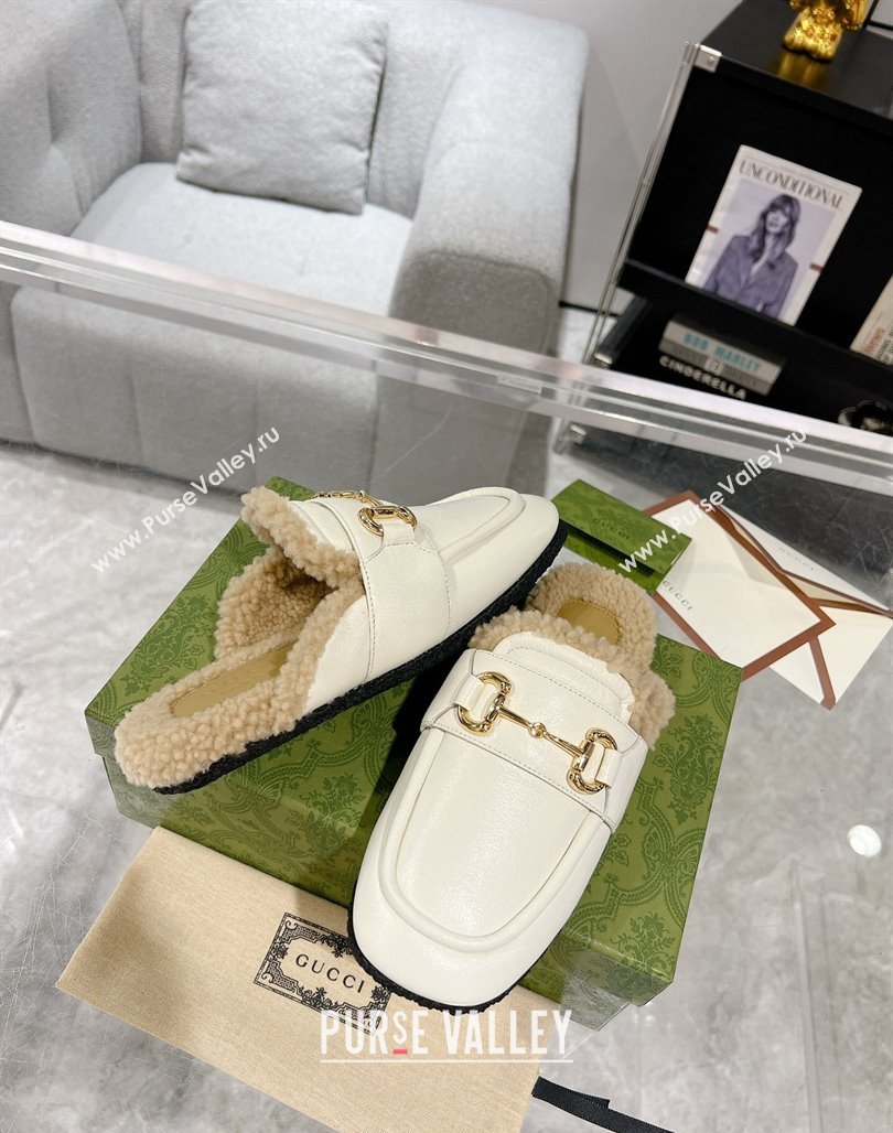 Gucci Flat Mules with Horsebit in Leather and Shearling White 2023 (MD-231117035)