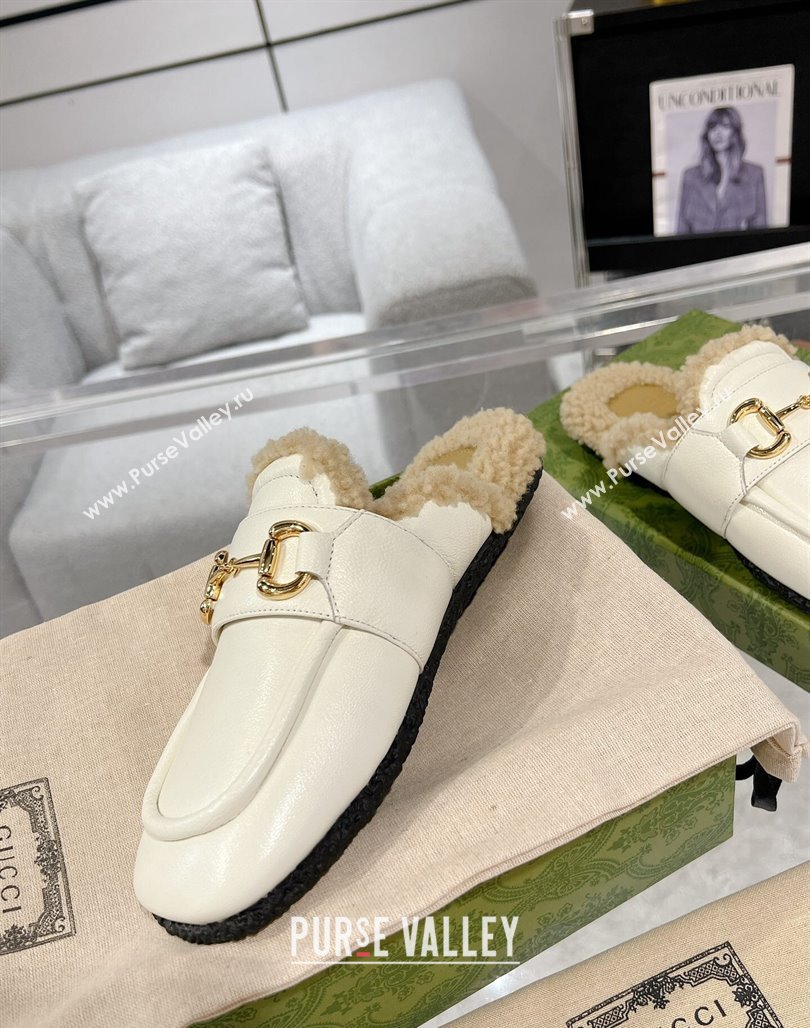 Gucci Flat Mules with Horsebit in Leather and Shearling White 2023 (MD-231117035)