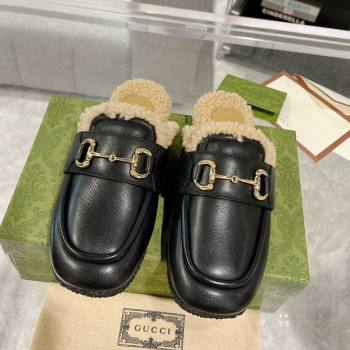 Gucci Flat Mules with Horsebit in Leather and Shearling Black 2023 (MD-231117036)