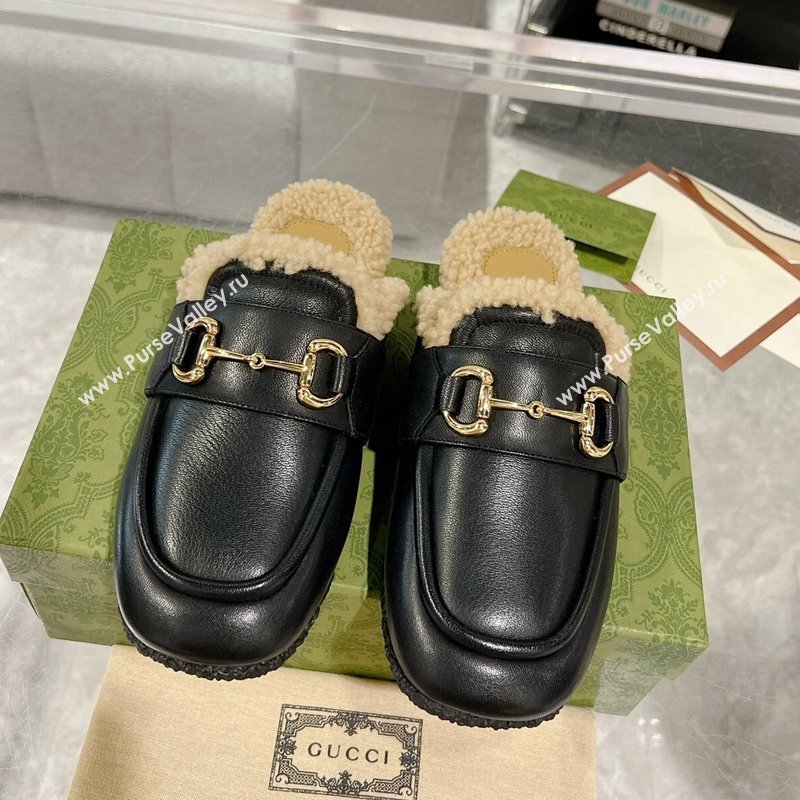 Gucci Flat Mules with Horsebit in Leather and Shearling Black 2023 (MD-231117036)