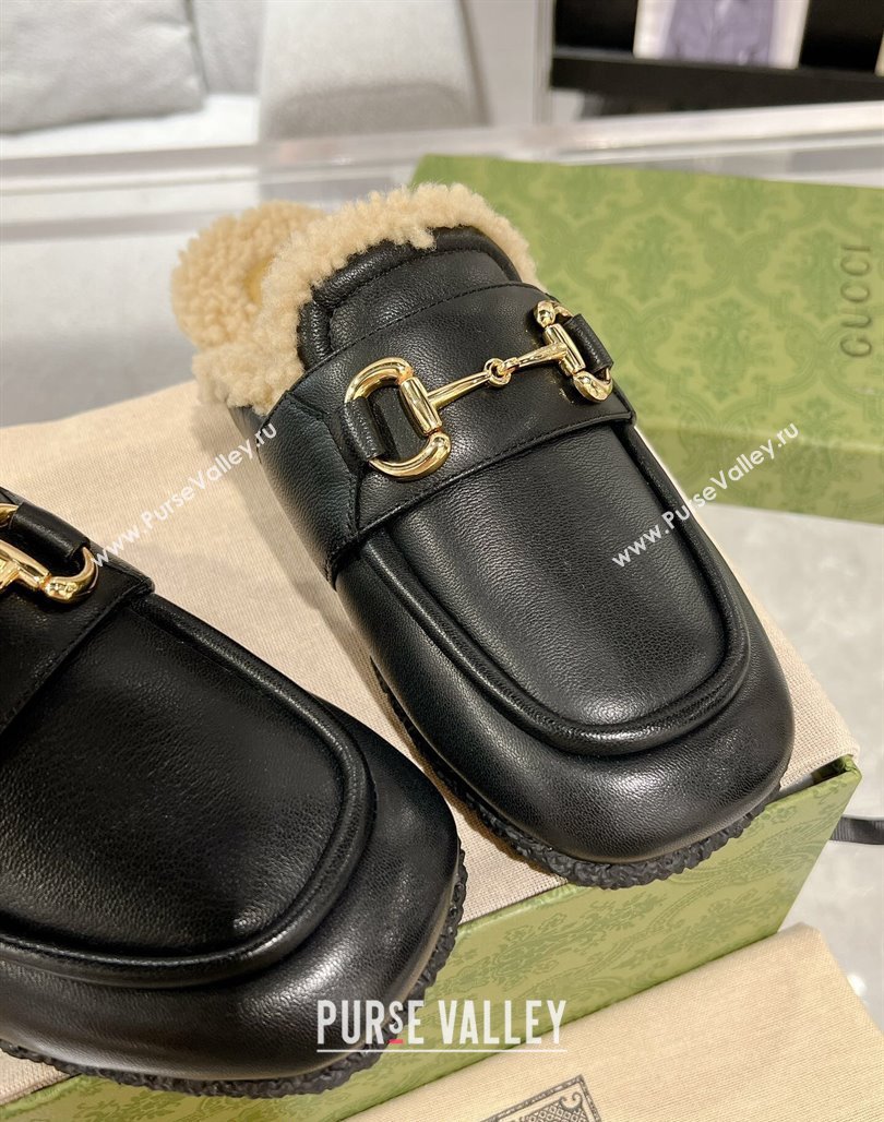 Gucci Flat Mules with Horsebit in Leather and Shearling Black 2023 (MD-231117036)