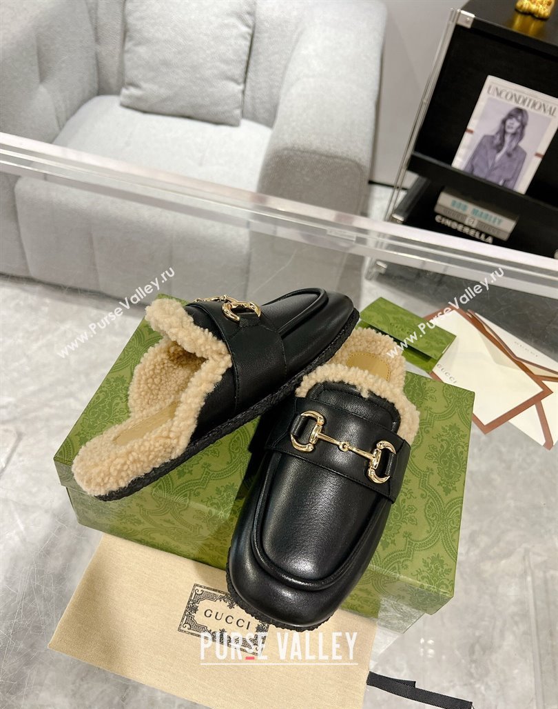 Gucci Flat Mules with Horsebit in Leather and Shearling Black 2023 (MD-231117036)