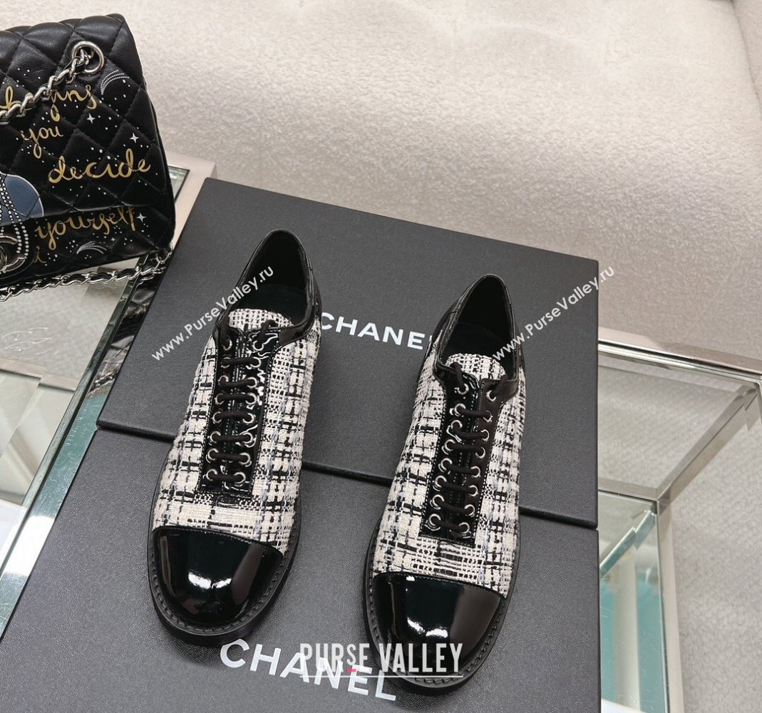 Chanel Tweed Patent Leather Lace-ups Shoes Black/White 2023 CH112005 (SS-231120029)