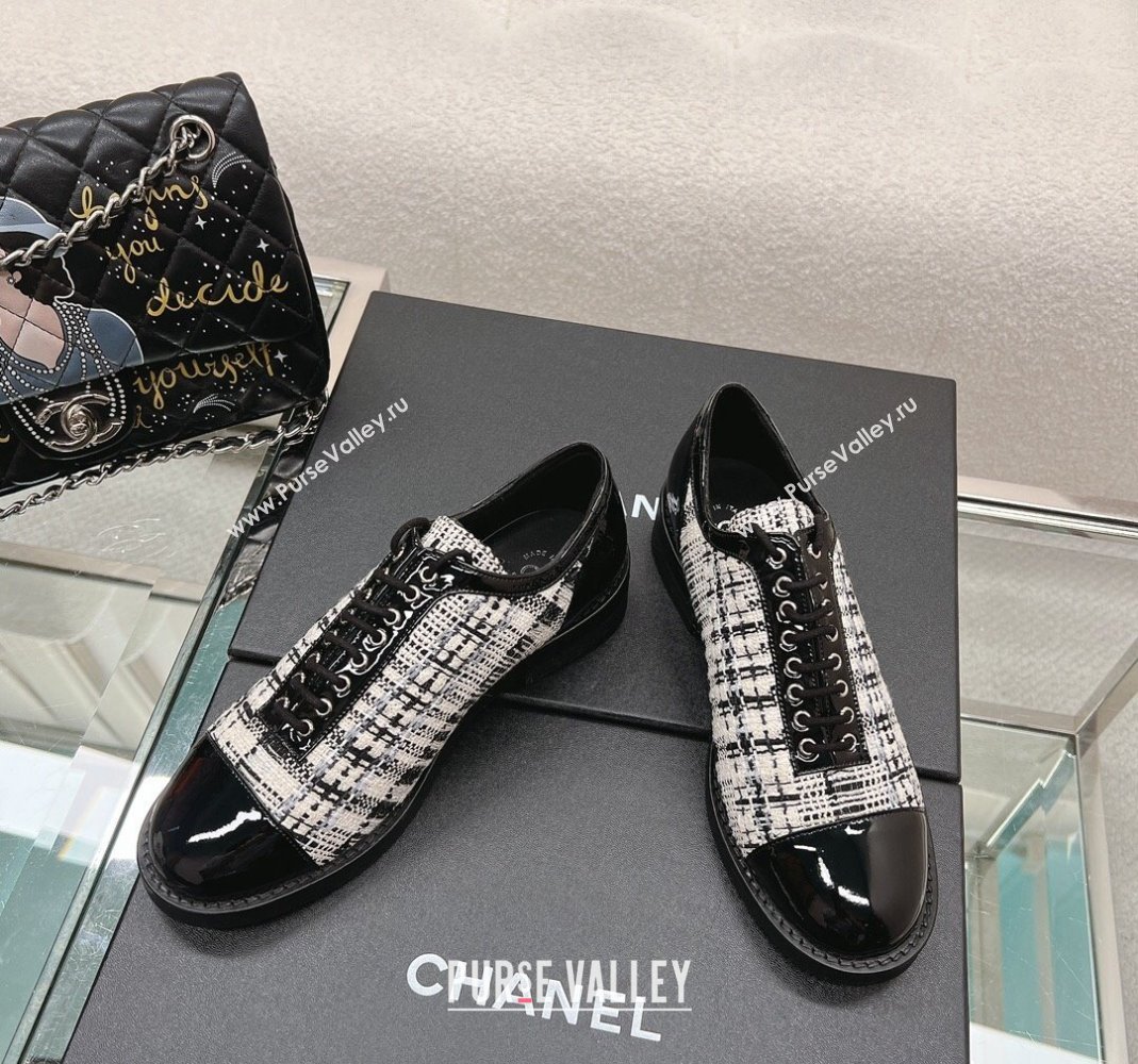 Chanel Tweed Patent Leather Lace-ups Shoes Black/White 2023 CH112005 (SS-231120029)