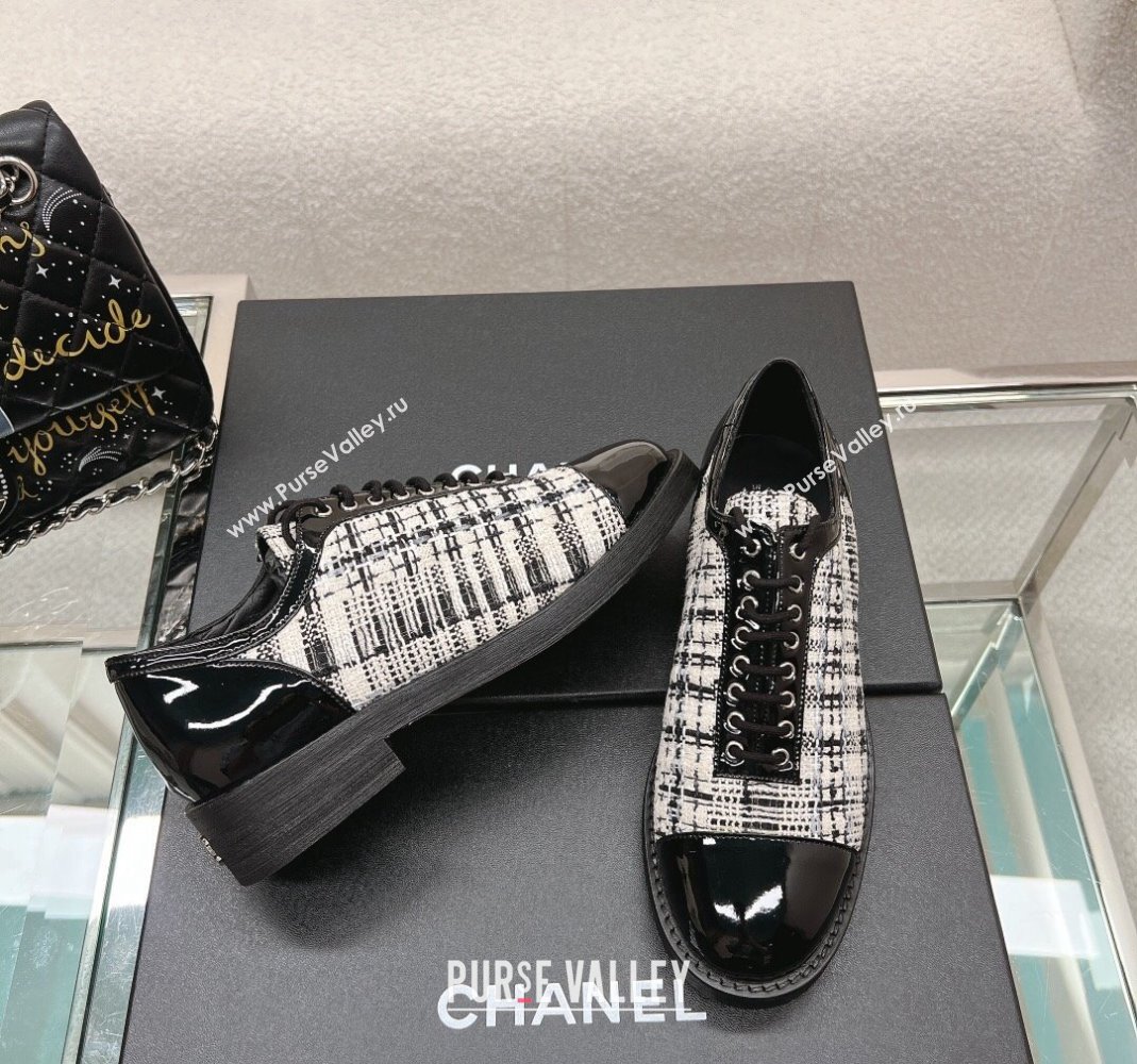 Chanel Tweed Patent Leather Lace-ups Shoes Black/White 2023 CH112005 (SS-231120029)