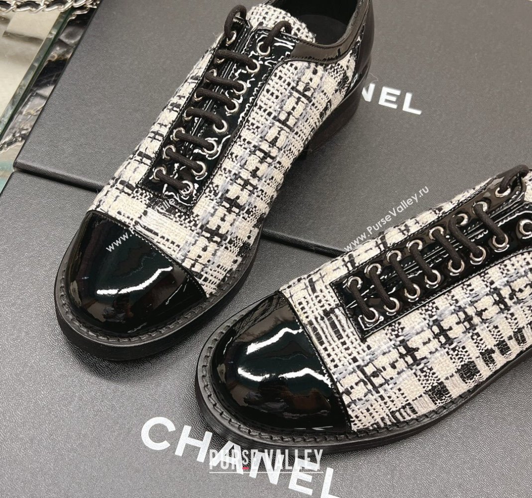 Chanel Tweed Patent Leather Lace-ups Shoes Black/White 2023 CH112005 (SS-231120029)