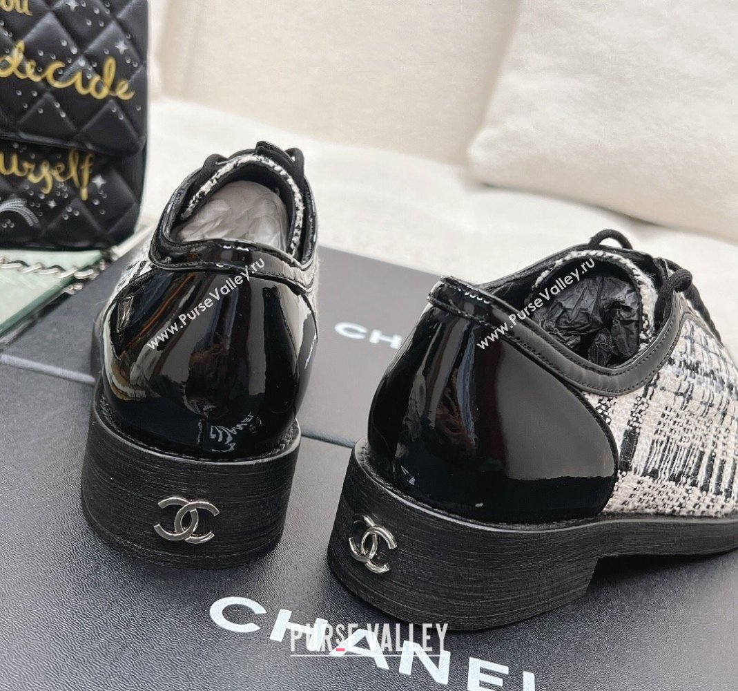 Chanel Tweed Patent Leather Lace-ups Shoes Black/White 2023 CH112005 (SS-231120029)