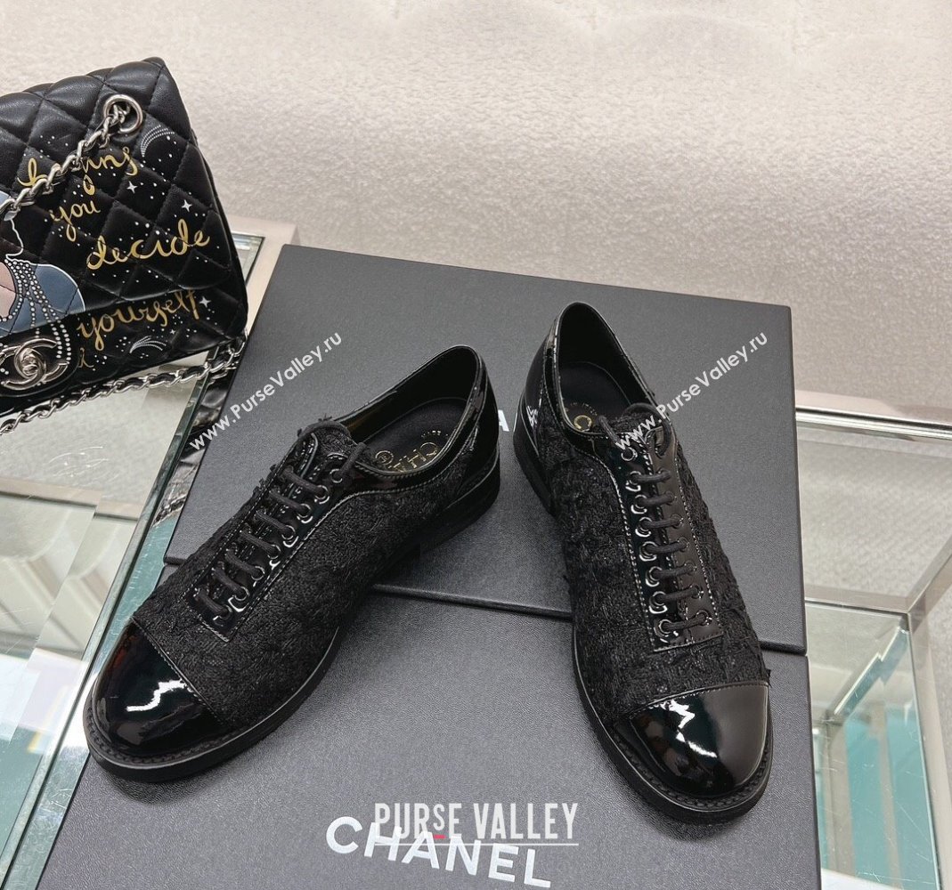 Chanel Tweed Patent Leather Lace-ups Shoes Black 2 2023 CH112005 (SS-231120032)