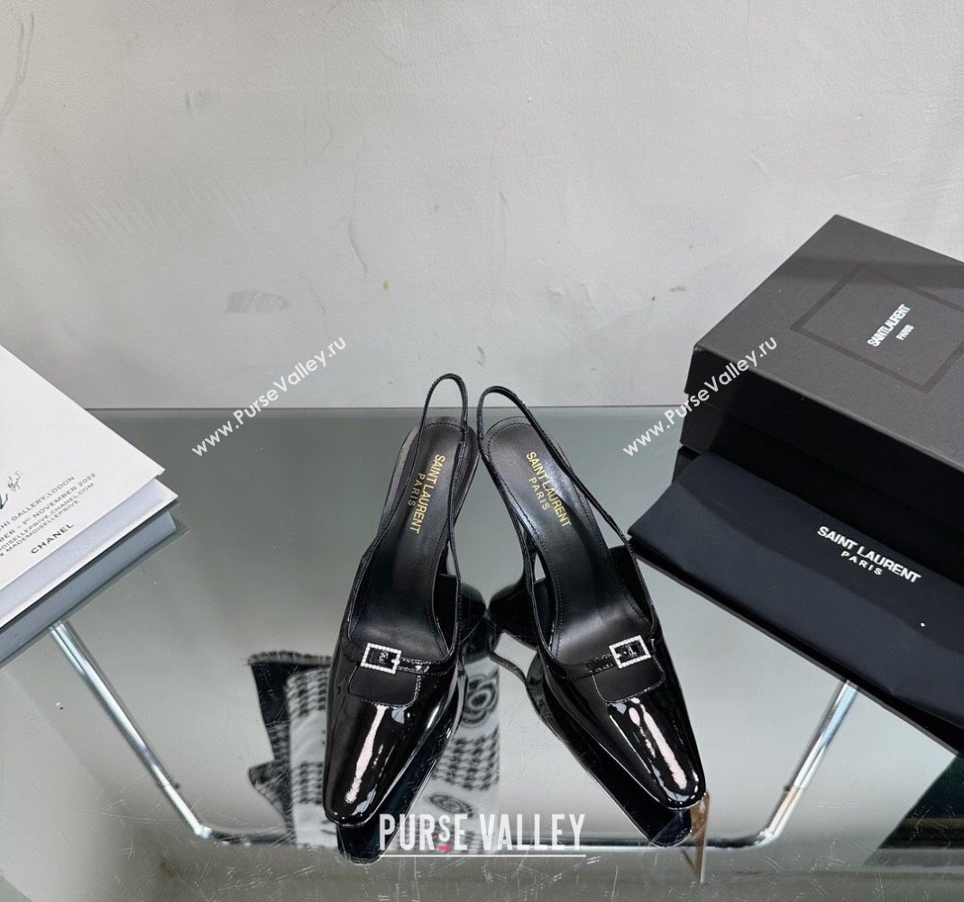 Saint Laurent Sadie Slingbacks Pumps 9cm with Crystal Buckle Black 2023 1121 (SS-231121071)