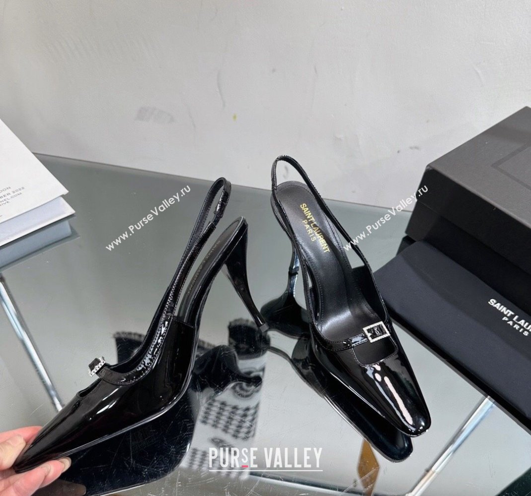 Saint Laurent Sadie Slingbacks Pumps 9cm with Crystal Buckle Black 2023 1121 (SS-231121071)