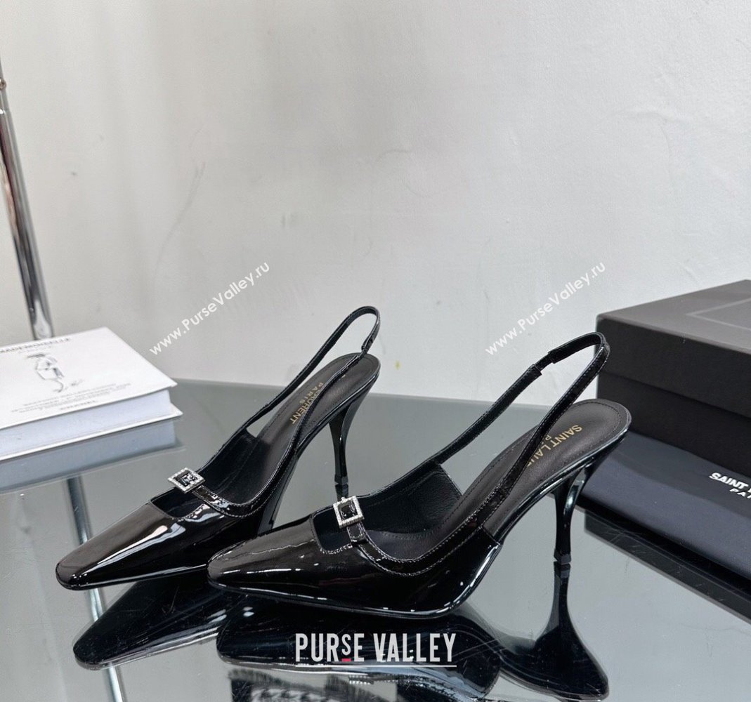 Saint Laurent Sadie Slingbacks Pumps 9cm with Crystal Buckle Black 2023 1121 (SS-231121071)