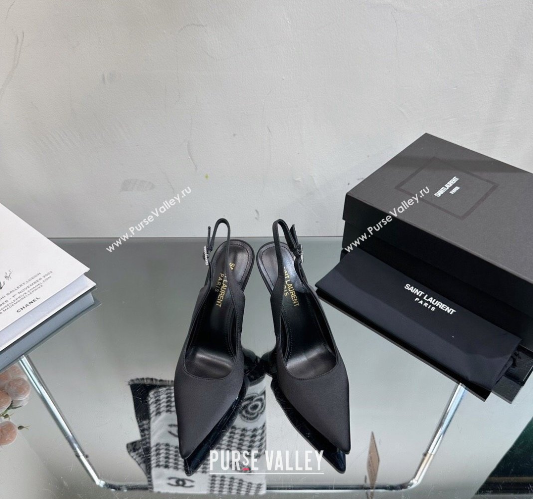 Saint Laurent Zoe Slingbacks Pumps 10.5cm in Silk with Crystal Buckle Black 2023 1121 (SS-231121074)