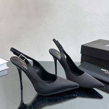 Saint Laurent Zoe Slingbacks Pumps 10.5cm in Silk with Crystal Buckle Black 2023 1121 (SS-231121074)