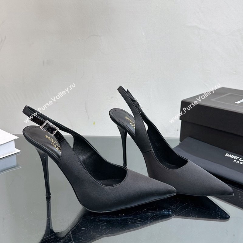 Saint Laurent Zoe Slingbacks Pumps 10.5cm in Silk with Crystal Buckle Black 2023 1121 (SS-231121074)