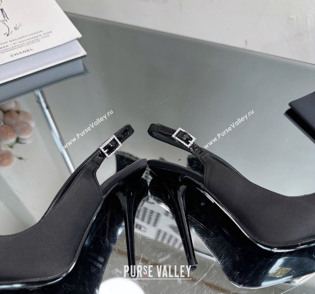 Saint Laurent Zoe Slingbacks Pumps 10.5cm in Silk with Crystal Buckle Black 2023 1121 (SS-231121074)