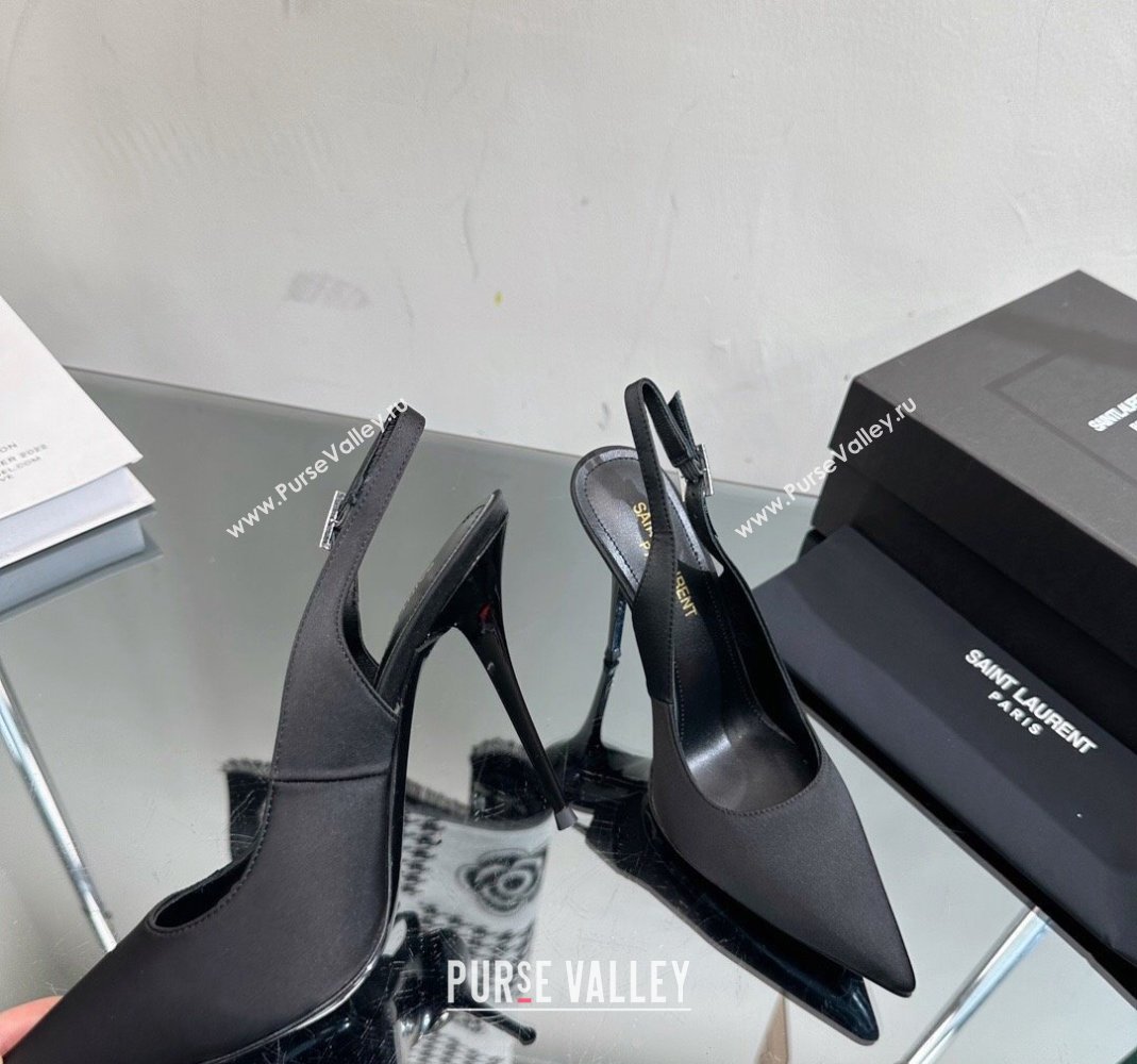 Saint Laurent Zoe Slingbacks Pumps 10.5cm in Silk with Crystal Buckle Black 2023 1121 (SS-231121074)