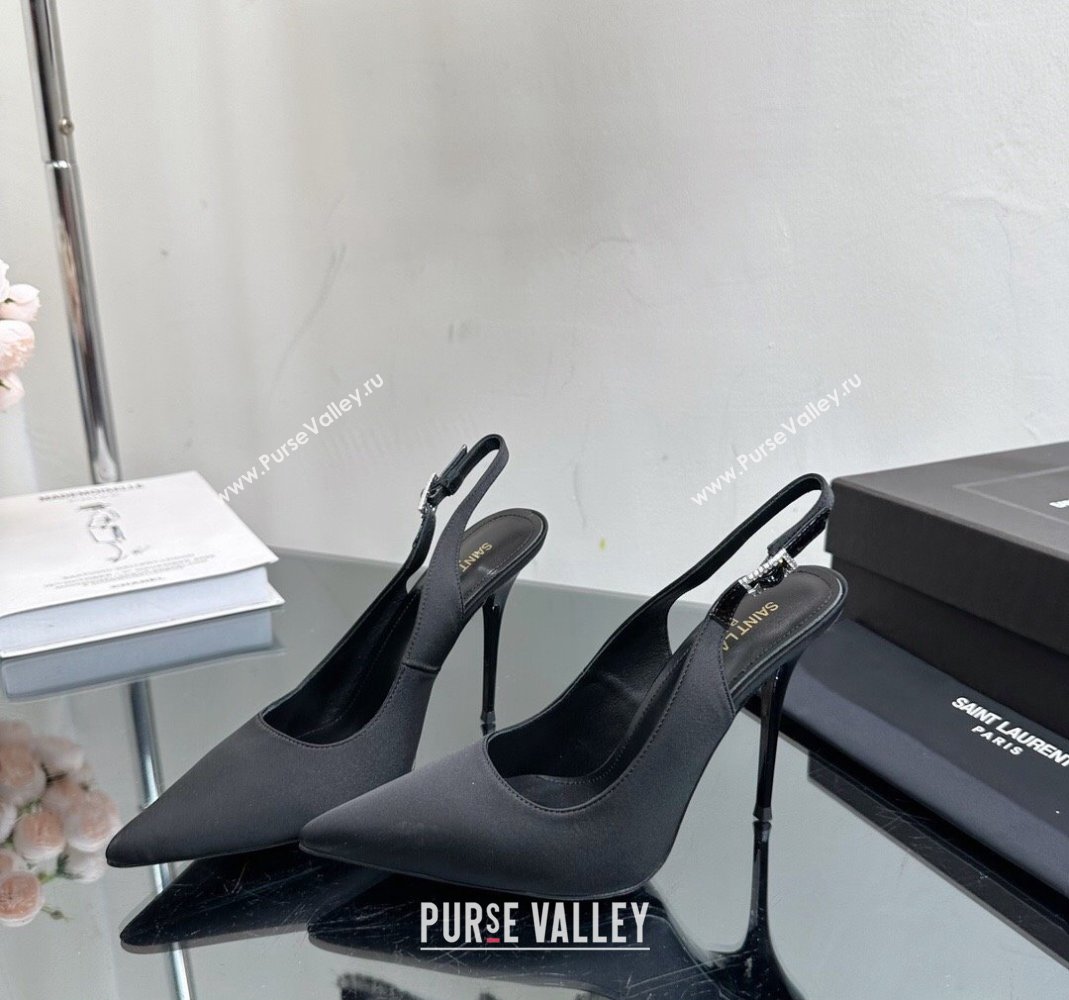 Saint Laurent Zoe Slingbacks Pumps 10.5cm in Silk with Crystal Buckle Black 2023 1121 (SS-231121074)