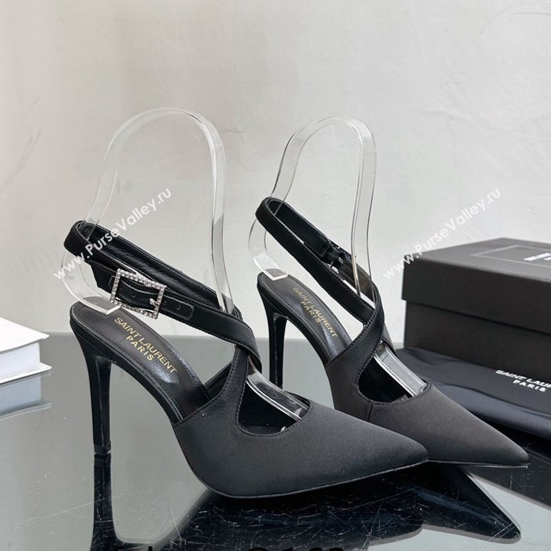 Saint Laurent Spontini Slingbacks Pumps 10cm in Silk with Crystal Buckle Black 2023 1121 (SS-231121078)