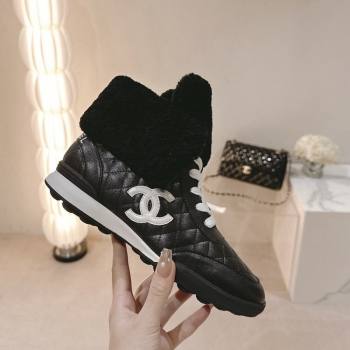 Chanel Quilted Leather and Foldover Shearling Ankle Boots Black 2023 (MD-231120040)
