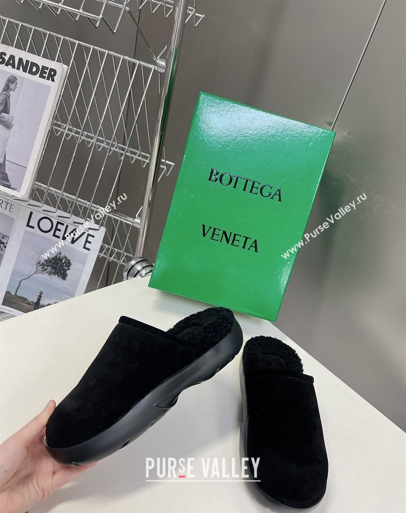 Bottega Veneta Snap Slippers in Suede and Shearling Black 2023 (MD-231121093)