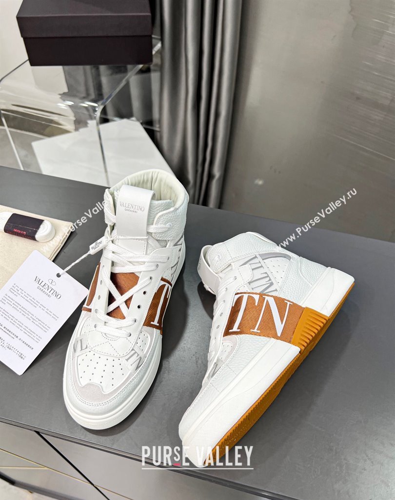 Valentino VL7N High Banded Calfskin and Mesh Sneakers White/Brown 2023 1121 (MD-231121139)