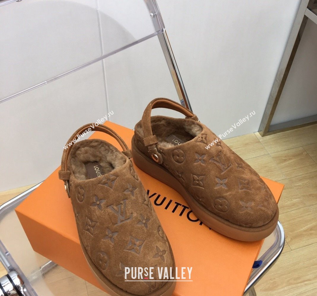 Louis Vuitton Lous Open Back Mules in Monogram Suede and Wool Brown 2023 (MD-231121027)