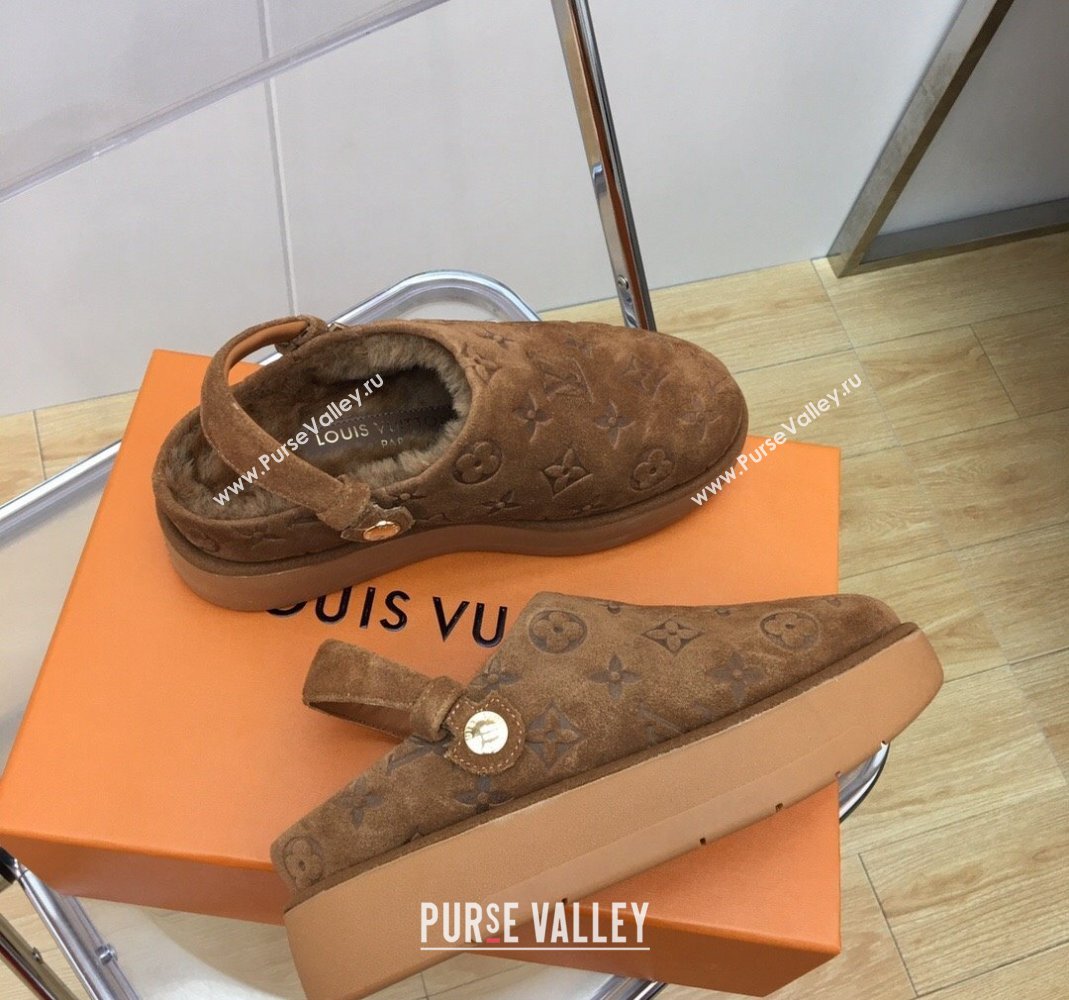 Louis Vuitton Lous Open Back Mules in Monogram Suede and Wool Brown 2023 (MD-231121027)